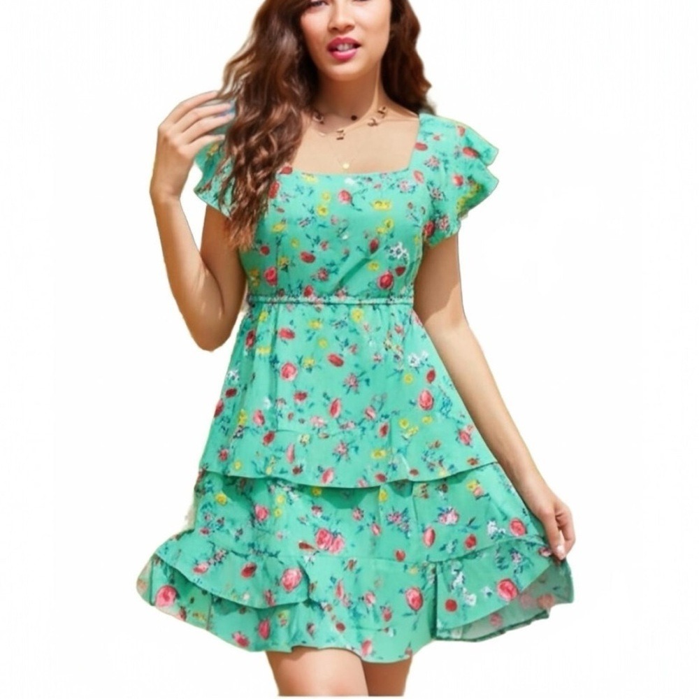 LOTTIE & HOLLY NWT Floral Ruffle Mini‎ Dress Green Boho Cottagecore, Large